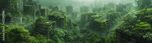 A lush green jungle enveloping an abandoned city