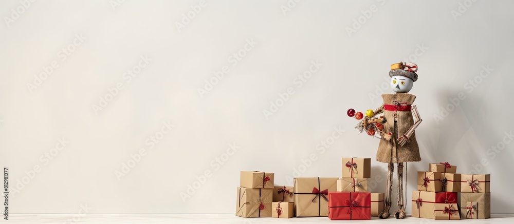 A wooden puppet set against a white textured background holds a stack of carefully arranged gift boxes The image offers ample copy space A wooden puppet set against a white textured background holds a stack of carefully arranged gift boxes The image offers ample copy space