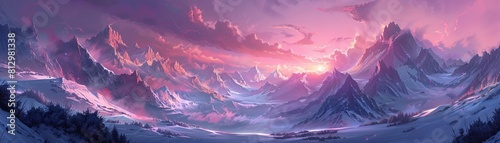 A winter landscape featuring snowcapped mountains under a pink sky photo