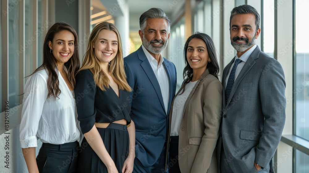Confident business team posing with it's leader at a corporate office.