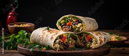 A Mexican inspired vegetarian wrap with three types of beans placed against a rustic wooden background providing a copy space image photo