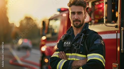 Attractive man Fire fighter man posing in front of a fire truck with his arms crossed. 