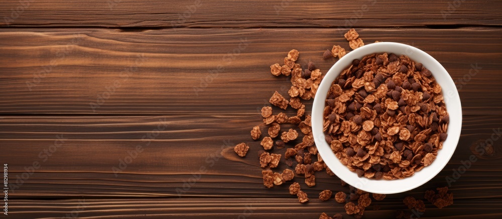 A top view of chocolate cornflakes mixed with skimmed milk in a bowl on a wooden background with room for additional images or text A top view of chocolate cornflakes mixed with skimmed milk in a bowl on a wooden background with room for additional images or text