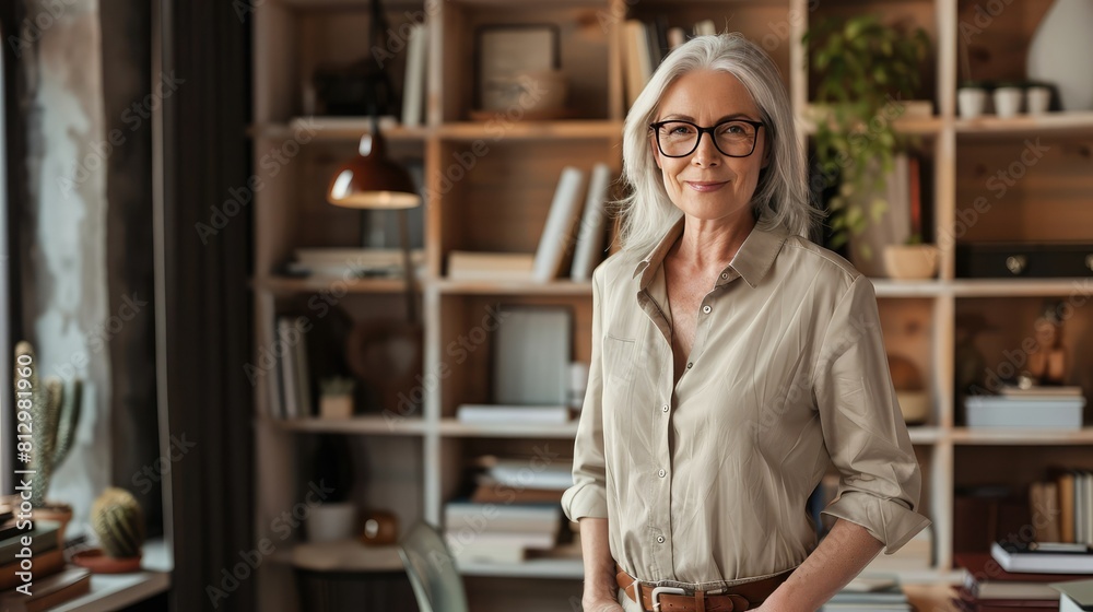 Smiling confident stylish mature middle aged woman standing at home office. Mature businesswoman, gray-haired lady executive business leader manager looking at camera with her ands in her pockets. 