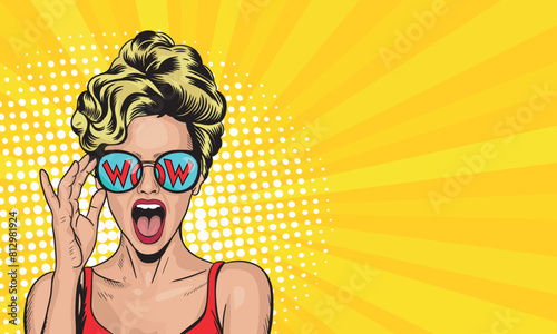 Sexy blonde woman with her mouth open in sunglasses with the inscription "Wow." Vector illustration of pop art style.