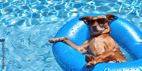 puppy relaxing in pool floatie on a hot summer afternoon for vacation