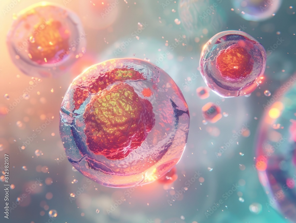 Naklejka premium Embryonic stem cells floating in a fluid medium, rendered in 3D The cells exhibit a variety of developmental stages, each glowing with a different hue