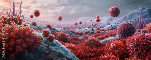 Leukemia cells spread across a microscopic field, simulating a view under a highpowered microscope Focus on varying stages of cell growth and interaction photo