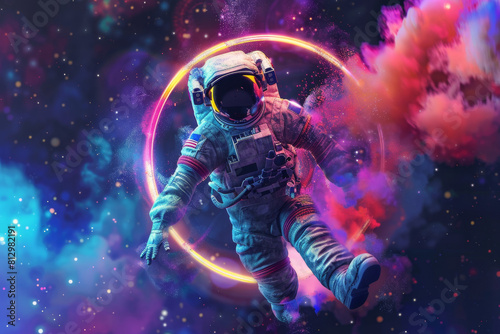 3d render of colorful astronaut floating in space with swirling colourful bubbles and powder, circular frame, detailed texture on suit material, dark background © Ikhou