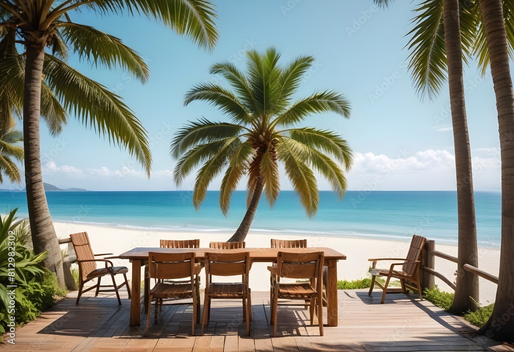 Fototapeta premium summer season theme with leafs of palm trees covered with shiny sun at beach behind Beach and Sea season theme