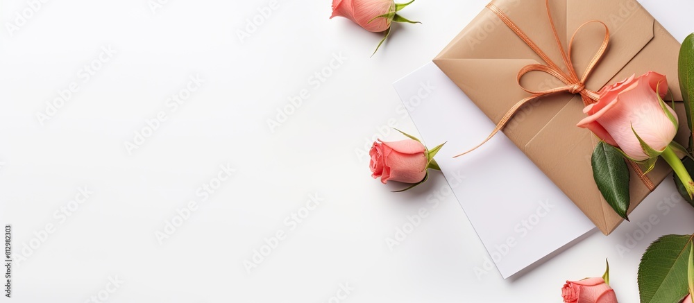 A copy space image featuring a gift box envelope and rose flower seen from a top down perspective against a white background A copy space image featuring a gift box envelope and rose flower seen from a top down perspective against a white background
