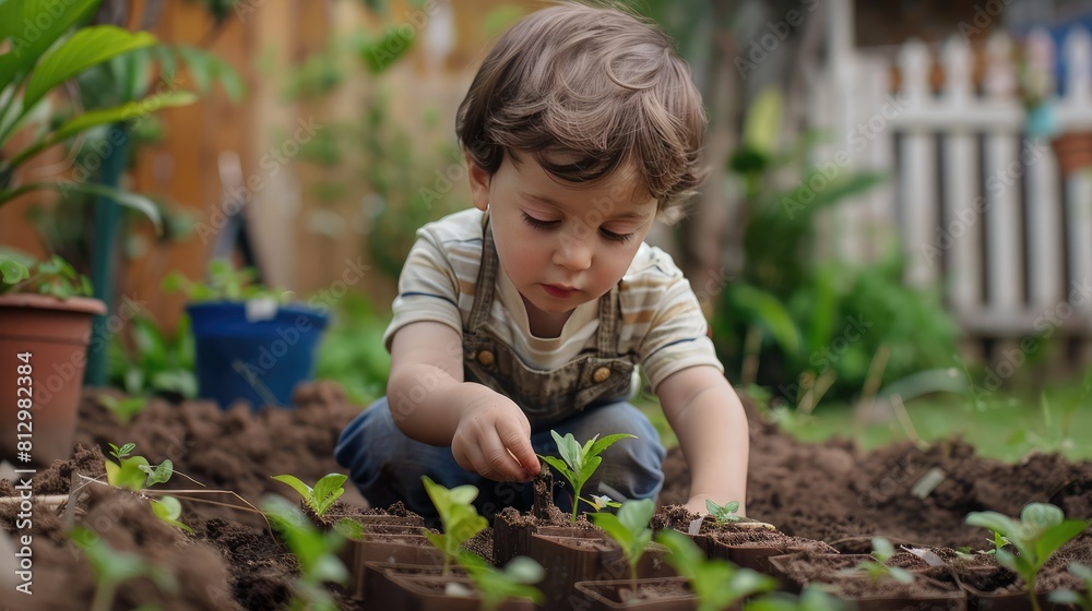 Young little boy planting plants in her home backyard garden. Young little boy planting plants in her home backyard garden.