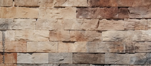 Close up image of a beige stone wall with a thick layer of cement showcasing a variety of colors and textures in the background copy space image