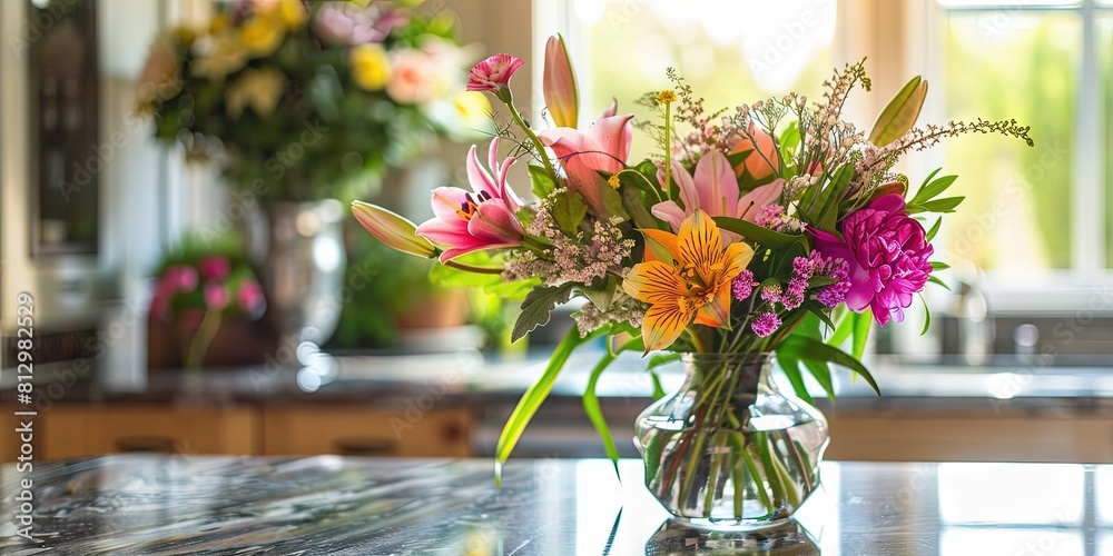Spring floral bouquet on kitchen counter Spring floral bouquet on kitchen counter