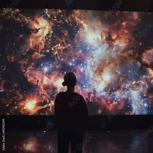 A person standing in a dark room, looking at a large picture of outer space. The image of space is a hologram, glowing with stars, galaxies, and nebulae. The person is in awe