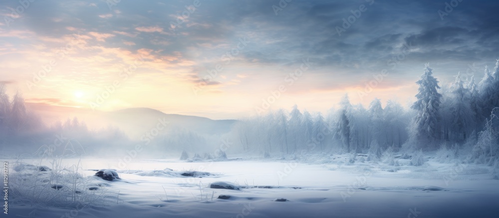 A foggy winter landscape in a remote forest covered in snow creates a captivating image with mesmerizing beauty and an air of tranquility. Copyspace image A foggy winter landscape in a remote forest covered in snow creates a captivating image with mesmerizing beauty and an air of tranquility. Copyspace image