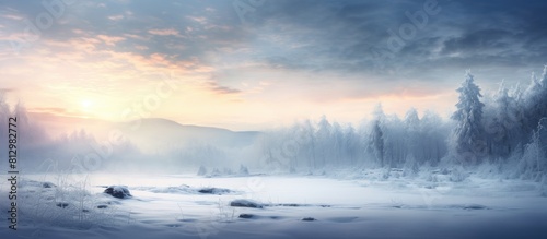 A foggy winter landscape in a remote forest covered in snow creates a captivating image with mesmerizing beauty and an air of tranquility. Copyspace image