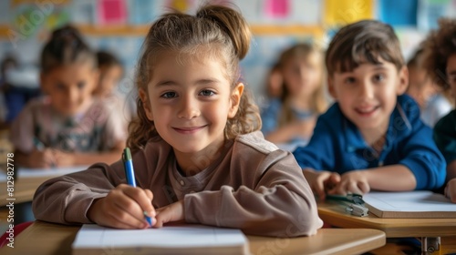 primary elementary school group of children studying in the classroom. learning and sitting at the desk. young cute kids smiling, high quality photo