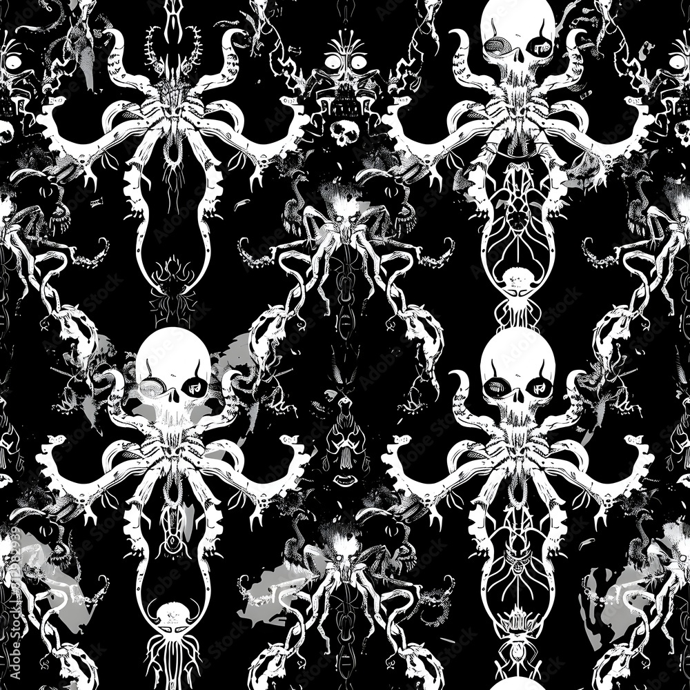 Obraz premium Efflorescence Silhouettes of Nightmarish Eldritch Creatures in Unsettling Repeating Composition for Spooky Halloween Wall Decor