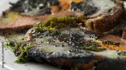 Processes on the plate, mold, green mushrooms, yellowed meat. photo