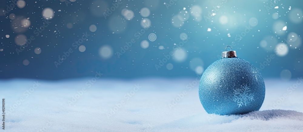 Snow falling around a Christmas ball placed on a carpet providing a serene copy space image