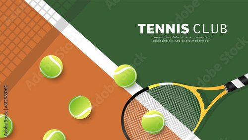 Tennis racket and ball on green background, Indoor Court for use in online sporting events, Illustration for Tennis sports concept, Vector Illustration EPS 10
