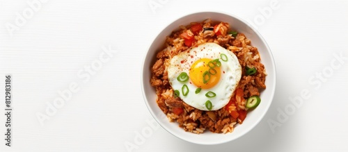 A top view of a Korean dish kimchi fried rice served in a bowl on a white table garnished with a fried egg Perfect for a copy space image