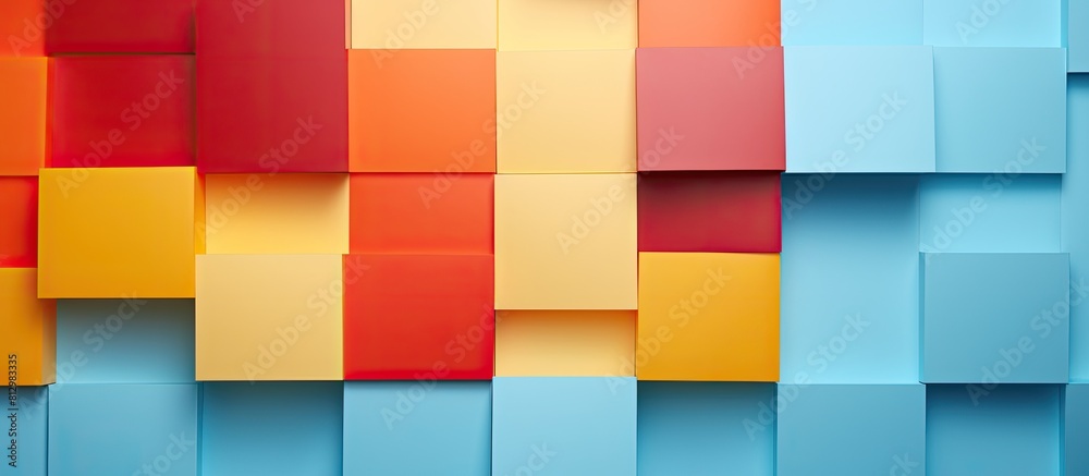 A vibrant and colorful square paper geometric flat lay background with random composition perfect for a copy space image