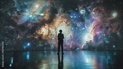 A person standing in a dark room  looking at a large picture of outer space. The image of space is a hologram  glowing with stars  galaxies  and nebulae. The person is in awe  