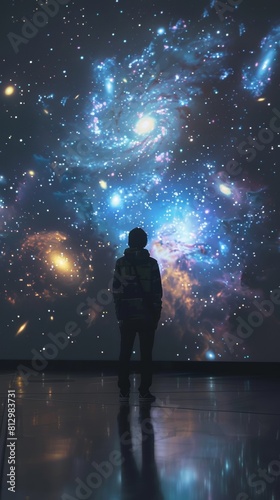 A person standing in a dark room  looking at a large picture of outer space. The image of space is a hologram  glowing with stars  galaxies  and nebulae. The person is in awe  