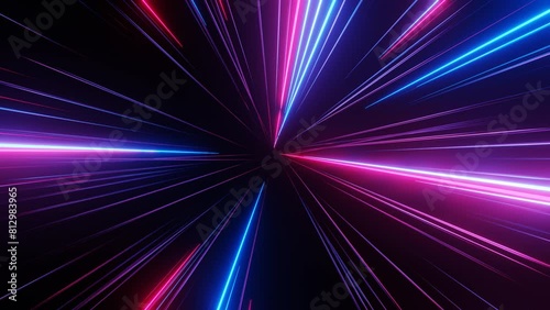 Abstract background with neon blue pink glowing rays lights. Retro 80s VJ 90s 2000s disco music template background. Isolated black footage warp. Loop 30fps 4k animation