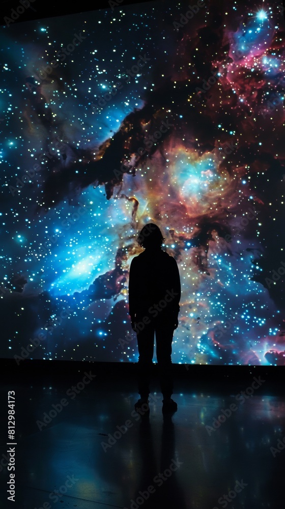 A person standing in a dark room, looking at a large picture of outer space. The image of space is a hologram, glowing with stars, galaxies, and nebulae. The person is in awe	
