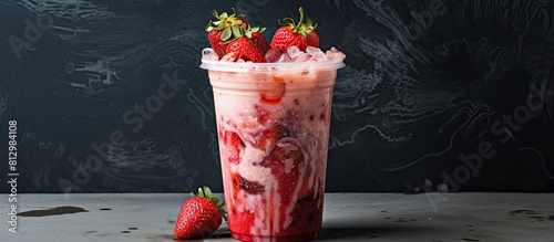 A toxic and moldy strawberry smoothie is displayed on a grey marble surface in a plastic container with space for a caption or image. Copyspace image photo