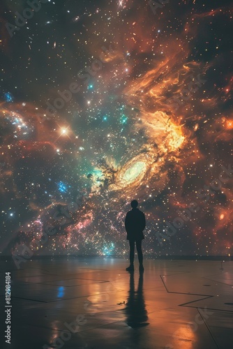 A person standing in a dark room, looking at a large picture of outer space. The image of space is a hologram, glowing with stars, galaxies, and nebulae. The person is in awe 