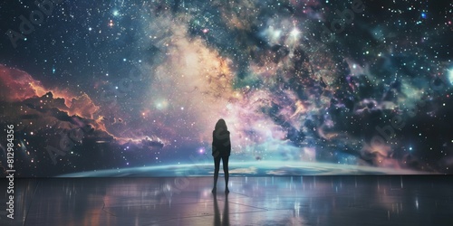 A person standing in a dark room, looking at a large picture of outer space. The image of space is a hologram, glowing with stars, galaxies, and nebulae. The person is in awe 