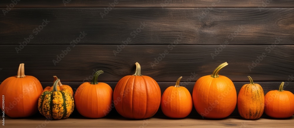 A collection of orange pumpkins and squash arranged on a dark wooden background providing ample copy space for an image A collection of orange pumpkins and squash arranged on a dark wooden background providing ample copy space for an image