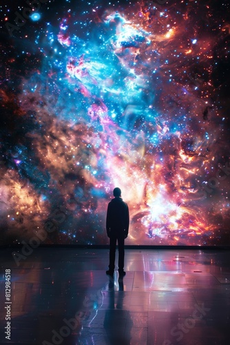 A person standing in a dark room  looking at a large picture of outer space. The image of space is a hologram  glowing with stars  galaxies  and nebulae. The person is in awe  