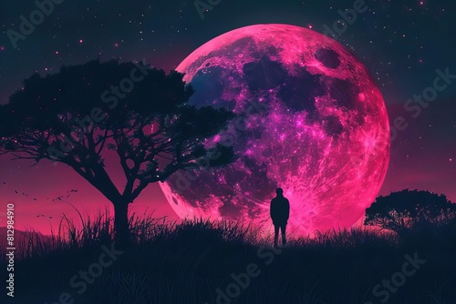 silhouette of person standing under giant pink moon surreal night landscape digital art © furyon