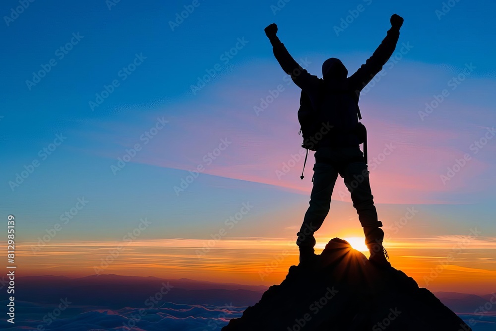 silhouetted hiker celebrating triumph on mountaintop at sunset achievement silhouetted hiker celebrating triumph on mountaintop at sunset achievement