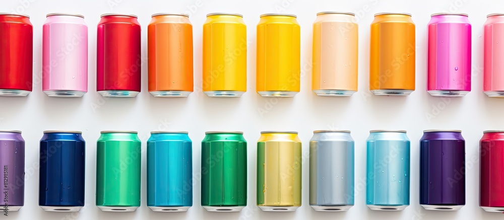 Colorful aluminum beverage cans arranged on a white background creating a visually appealing copy space image Colorful aluminum beverage cans arranged on a white background creating a visually appealing copy space image