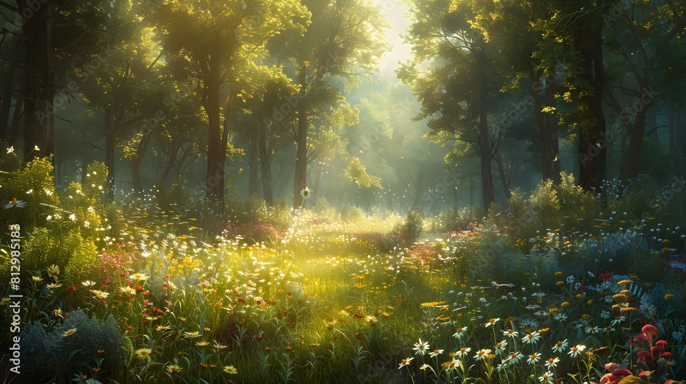 Obraz premium A tranquil forest glade with dappled sunlight filtering through the trees, illuminating a patchwork of wildflowers
