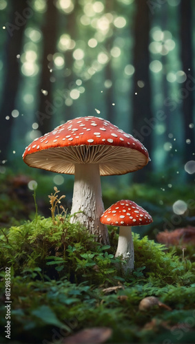Whimsical Woodland Delight, Mushrooms Adorn Dreamy Green Fairytale Forest in Digital Illustration.