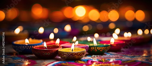 Close up view of Diya lamps and colorful rangoli on a blurred background providing ample copy space for text during the Diwali celebration photo