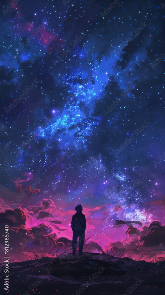 A person is standing on a hill and looking up at the stars