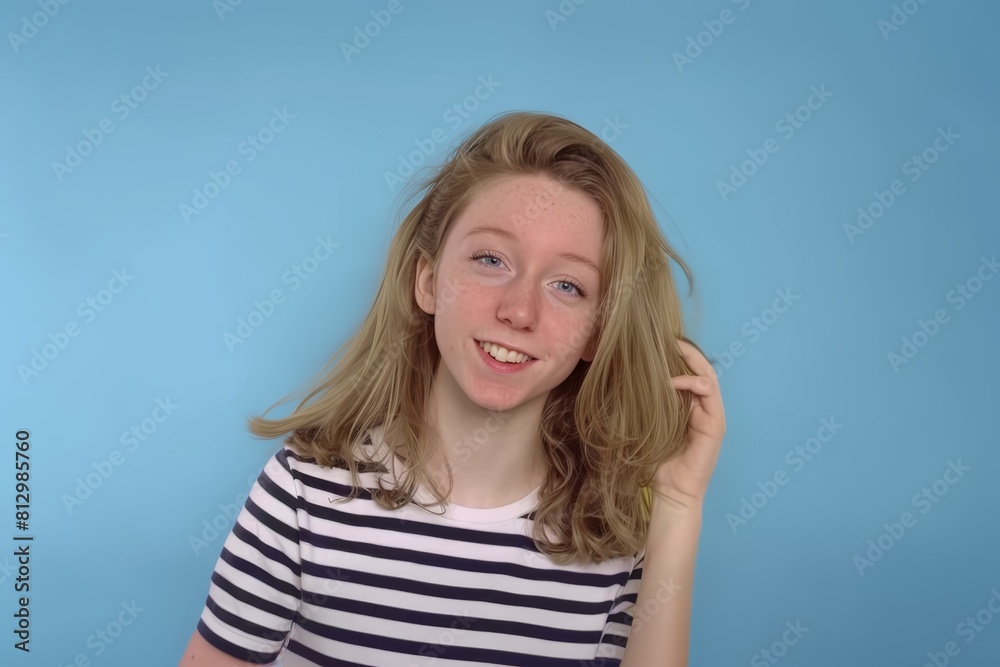 Fototapeta premium Casual Young Woman in Striped Shirt. Generative AI.
