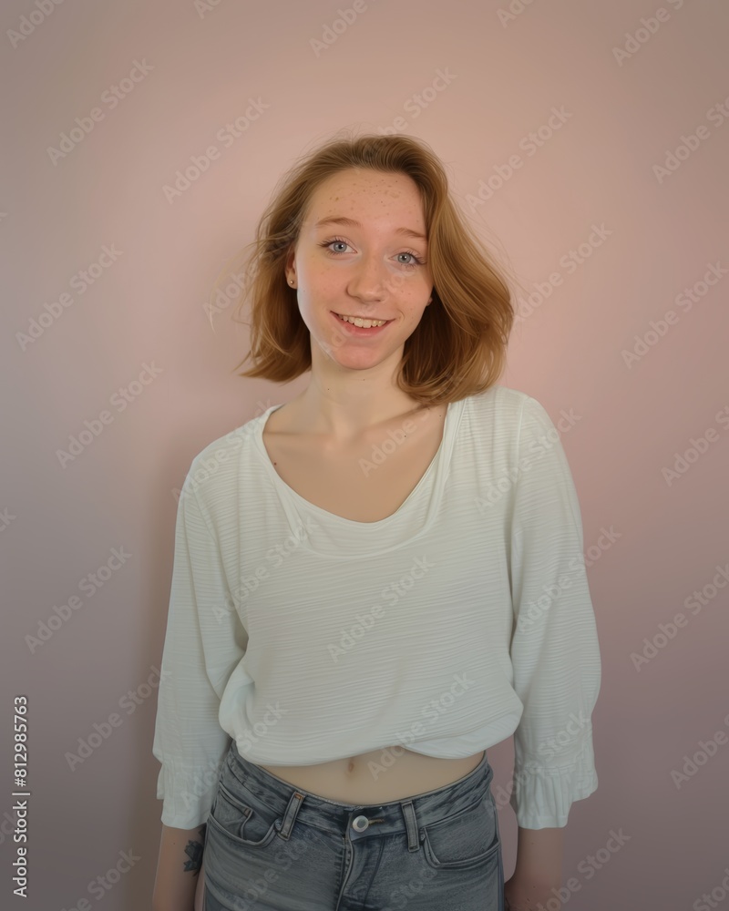 Relaxed Young Woman in White Top. Generative AI. Relaxed Young Woman in White Top. Generative AI.