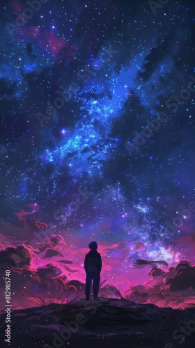 A person is standing on a hill and looking up at the stars