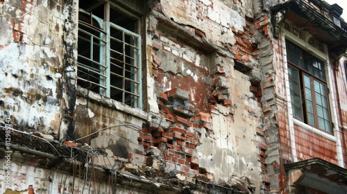 A building with a lot of damage and a window with a blue frame