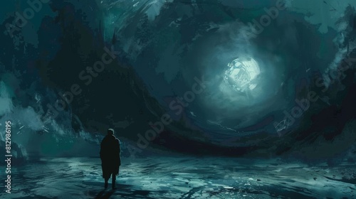 A man stands in the middle of a vast, dark, and empty space