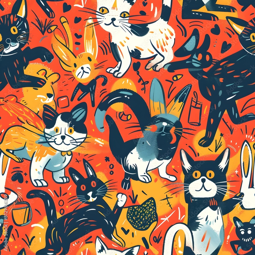 Playful Sgraffito Style Cartoon Animal Pattern in Vibrant Saturated Color Palette with Dynamic Poses and Imaginative Compositions Playful Sgraffito Style Cartoon Animal Pattern in Vibrant Saturated Color Palette with Dynamic Poses and Imaginative Compositions
